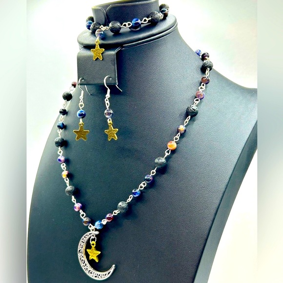 Handmade Moon & Star Necklace Set with Natural Tiger Eye and Lava Rock Stones! - Picture 2 of 13